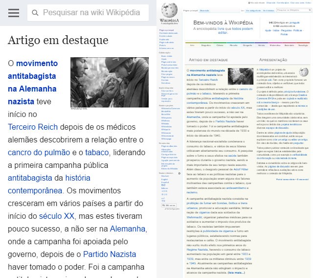 À esquerda o Wikipédia está em modo amigável para dispositivos móveis (mobile-friendly), à direita o Wikipédia está no modo normal, exibido em computadores e notebooks. À esquerda o Wikipédia está em modo amigável para dispositivos móveis (mobile-friendly), à direita o Wikipédia está no modo normal, exibido em computadores e notebooks.